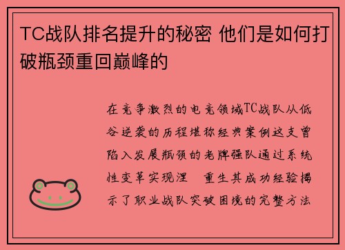 TC战队排名提升的秘密 他们是如何打破瓶颈重回巅峰的