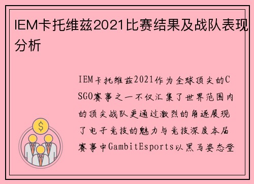 IEM卡托维兹2021比赛结果及战队表现分析