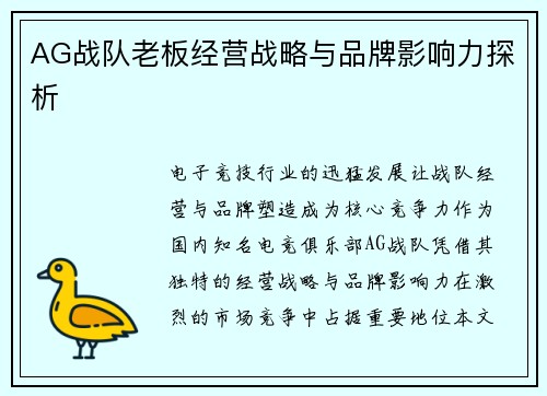 AG战队老板经营战略与品牌影响力探析