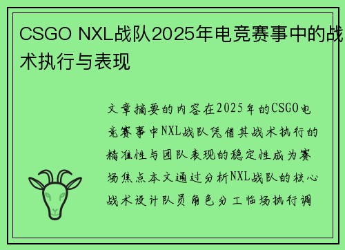 CSGO NXL战队2025年电竞赛事中的战术执行与表现
